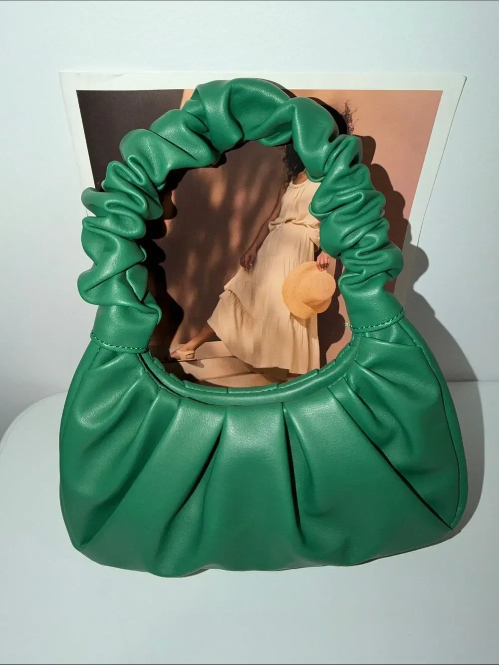 PLT Kelly Green Faux Leather Pleated Ruched Handle Mini Hobo Purse Bag